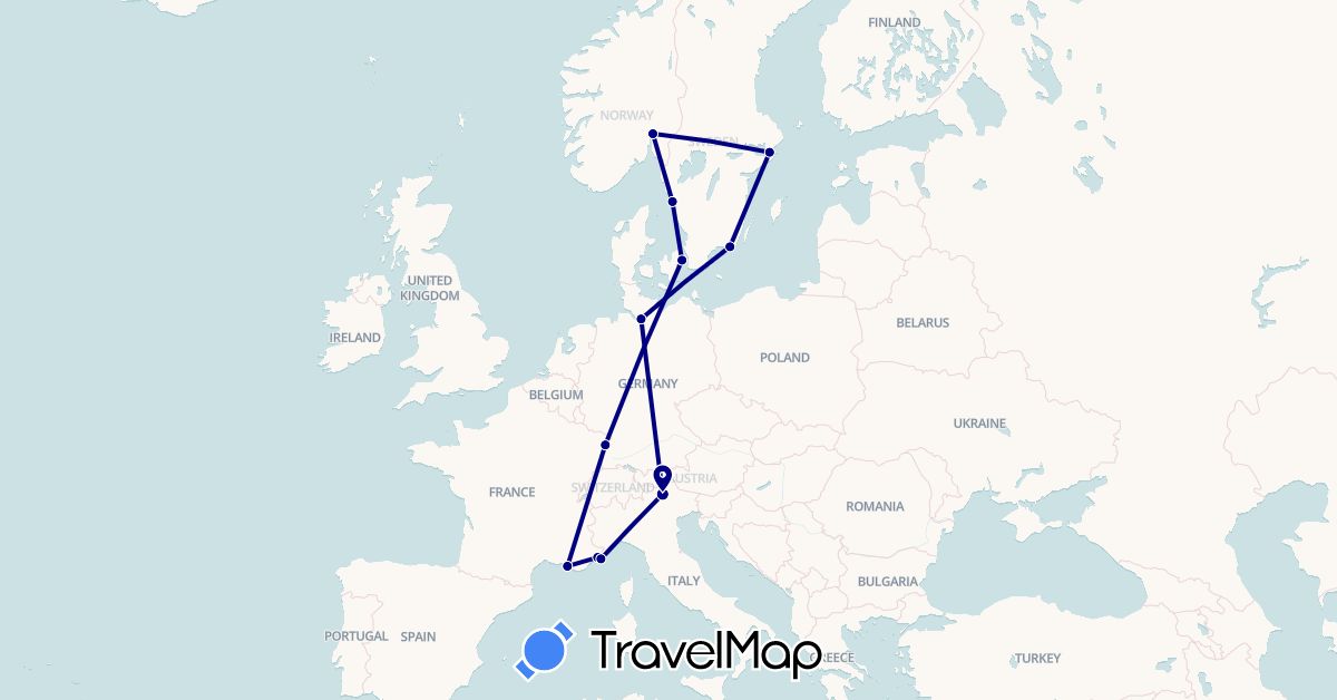 TravelMap itinerary: driving in Germany, Denmark, France, Italy, Monaco, Norway, Sweden (Europe)